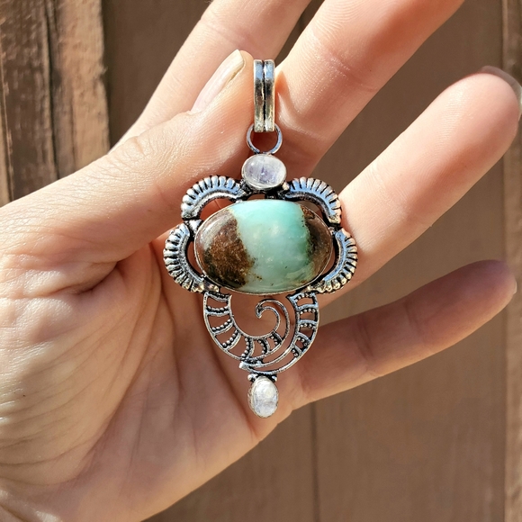 New Chrysoprase & Rainbow Moonstone 925 Silver Pendant - Picture 16 of 16